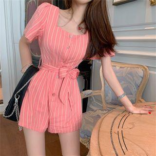 Striped Short-sleeve Tie-waist Playsuit