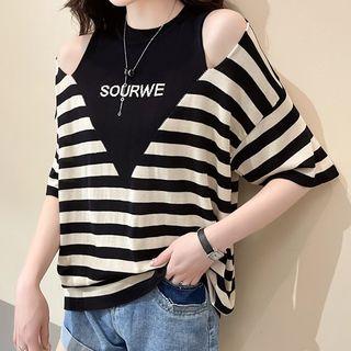 Elbow-sleeve Cold-shoulder Striped Knit Top