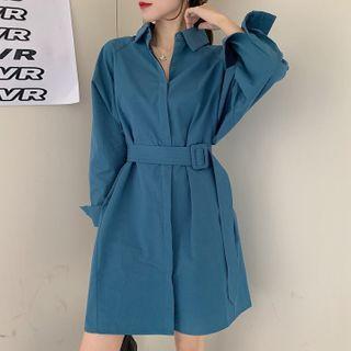 Long-sleeve Belted Mini A-line Shirtdress