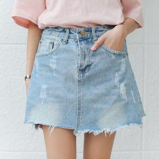 Asymmetrical Ripped Mini Denim Skirt