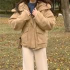 Fleece Trim Zip-up Jacket Khaki - One Size