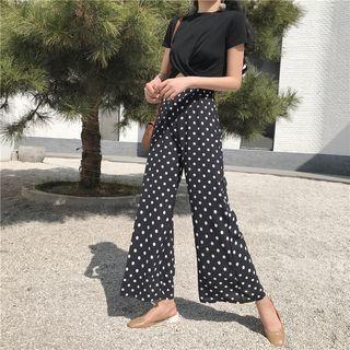 Set: Plain Short-sleeve Cropped Top + Dot Elastic-waist Wide-leg Pants