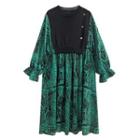 Long-sleeve Knit Panel A-line Dress Green - One Size