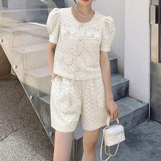 Set: Puff-sleeve Lace Top + High-waist A-line Shorts