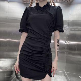 Stand Collar Frilled Trim Ruched Mini Sheath Dress