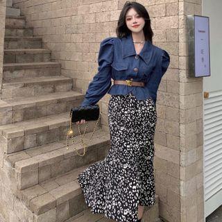 Puff-sleeve Denim Jacket / Leopard Print Midi Skirt