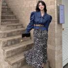 Puff-sleeve Denim Jacket / Leopard Print Midi Skirt