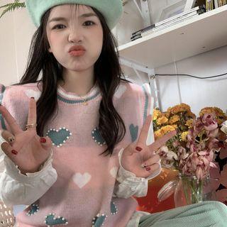 Beaded Heart Sweater Vest Pink - One Size