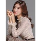 High-neck Smocked-trim Lace Top
