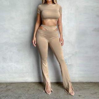 Set: Short-sleeve Crop Top + High-waist Boot-cut Pants