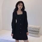 Long-sleeve Square Neck Buttoned A-line Dress