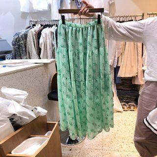 Elastic-waist Floral Print Chiffon Midi Skirt