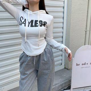 Letter Print Tight-fitted Hoodie / High Waist Drawstring Sweatpants