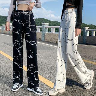 Printed Wide-leg Jeans / Waist Chain / Set