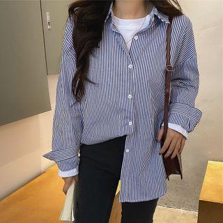 Striped Long-sleeve Shirt Jacket Blue Stripe - One Size