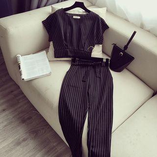 Set: Pinstriped Short-sleeve Top + Pants