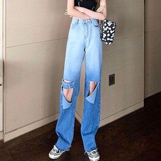 High-waist Gradient Distressed Straight Leg Jeans