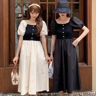 Puff-sleeve Two-tone Button-up Midi Dress