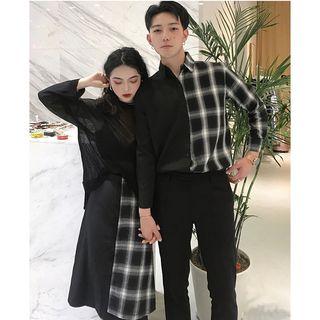 Couple Matching Plaid Panel Shirt / High Waist Midi A-line Skirt