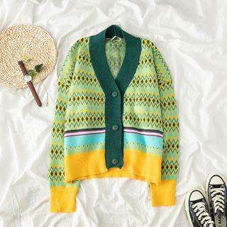 V-neck Pattern Cardigan Green - One Size
