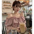 3/4-sleeve Cold Shoulder Floral Chiffon Ruffled Top
