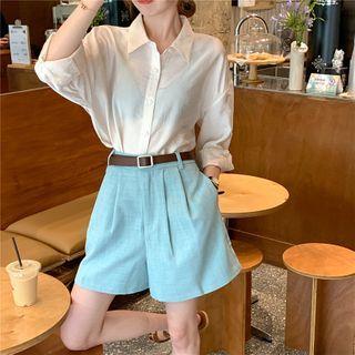 Long-sleeve Plain Shirt / Plain Loose-fit Shorts