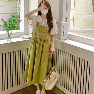 Peter Pan Collar Shirt + Flower Embroidered Dress