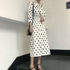 Dotted 3/4-sleeve Tie-neck A-line Dress