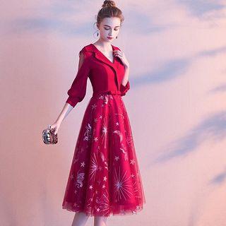 Notch Lapel Mesh Panel Embroidered Evening Gown / Cocktail Dress