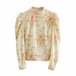 Long-sleeve Stand-collar Print Blouse
