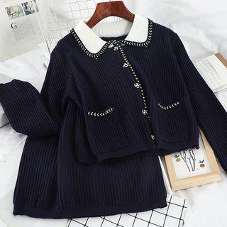 Set: Contrast Trim Cardigan + Mini Skirt Navy Blue - One Size