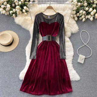 Round-neck Sequin Long-sleeve Panel Velvet Dress