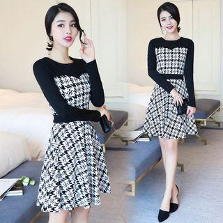 Long-sleeved Mock Two Piece Tie-waist Houndstooth Crewneck A-line Slim Sheath Dress
