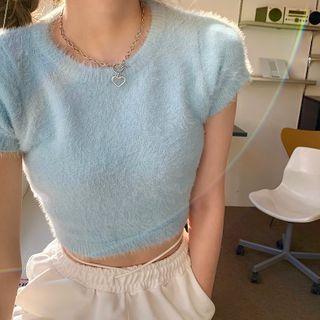 Short-sleeve Plain Cropped Sweater