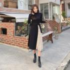 Buckled-waist Pleated-trim Knit Dress Black - One Size