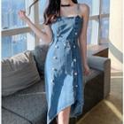 Spaghetti Strap Belted Denim A-line Dress