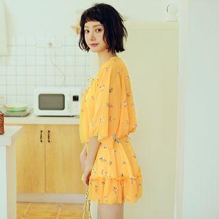 Set: Frill Trim Printed Swim Dress + Cover-up