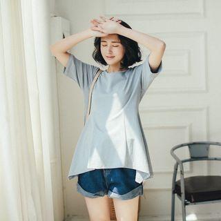 Plain Asymmetric Elbow-sleeve T-shirt