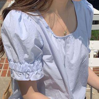 Short-sleeve Square-neck Blouse Light Blue - One Size