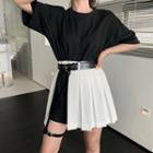 Elbow-sleeve Mini T-shirt Dress / Asymmetric A-line Mini Pleated Skirt