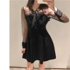 Tie-neck Mesh-sleeve Sequined A-line Dress