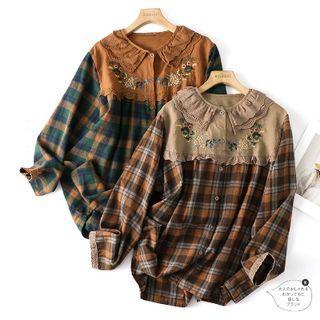 Flower Embroidered Panel Plaid Blouse
