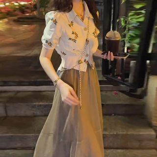 Embroidered Cropped Blouse / Midi A-line Skirt
