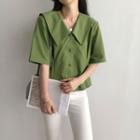 Short-sleeve Plain Collar Buttoned Top