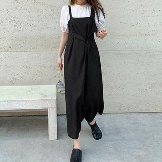 Short-sleeve Plain Blouse / Spaghetti Strap Midi Dress