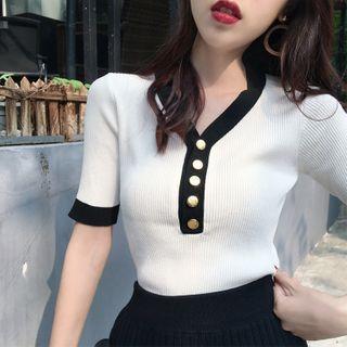 Short-sleeve V-neck Henley Knit Top