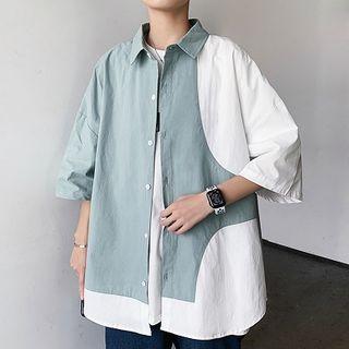 Two-tone Panel Asymmetric Elbow-sleeve Shirt