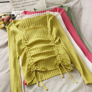 Square-neck Drawstring Light Knit Top In 7 Colors