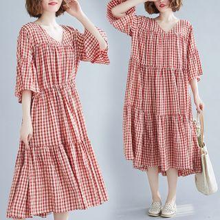Elbow-sleeve Plaid Midi Dress Red - One Size