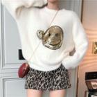 Smiley Face Loose-fit Sweater / Leopard Print A-line Skirt